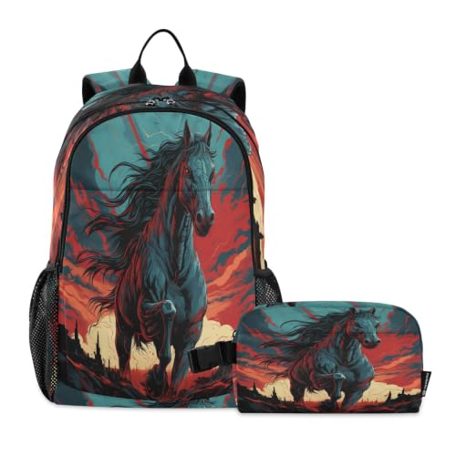 Sac à dos étudiant cheval bleu avec sac à lunch assorti pour garçon