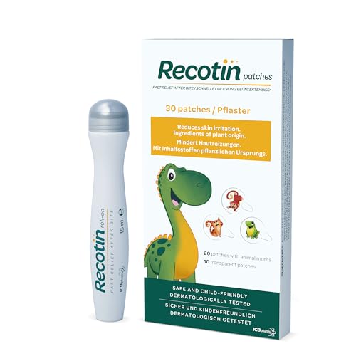 Recotin Afterbite Mosquitos Pack - 100% Ingredientes Naturales - Alivio para Picaduras - 30 Parches para Niños y Roll On para Toda la Familia