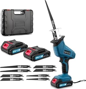 papasbox Säbelsäge Akku Kabellose 0-4000 RPM | Reciprosäge mit LED Licht und 2x2000mAh Batterien 21V Schnellladegerät | Universalsäge 8 Sägeblätter für Holz Metall PVC Baustelle