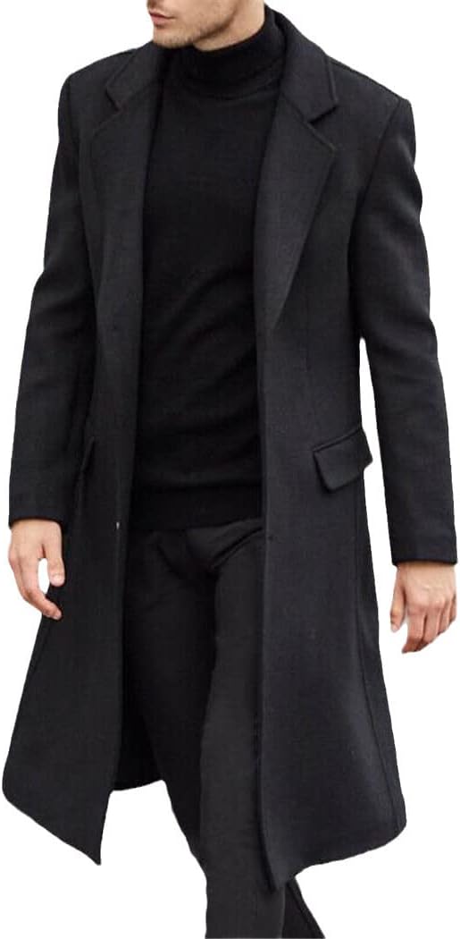 Autumn Winter Mens Wool Coat, Solid Long Sleeve Woolen Jackets, Fleece Streetwear Long Trench Coat Outerwear