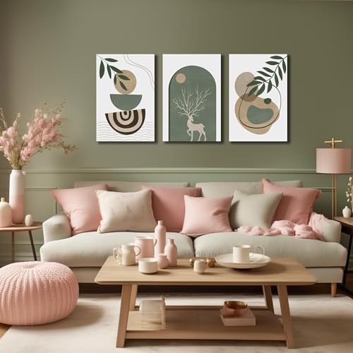 Image of Boho Sun Canvas Wall Art Set of 3, Neutral Abstract Minimalismt Bohemian Geometric & Botanical Plants Pictures Prints Artwork Paintings Wall Decor for Bedroom Living Room Home Decoration 16x24 inches