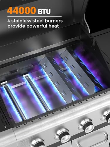 COWSAR 4-Burner BBQ Propane Gas Grill, 44000 BTU Stainless Steel Barbecue Grill with Side Table, 10000 BTU Side Burner, 4 Casters Easy Mobility, Ideal for Outdoor Patio Garden Picnic Backyard Cooking - Thumbnail 3