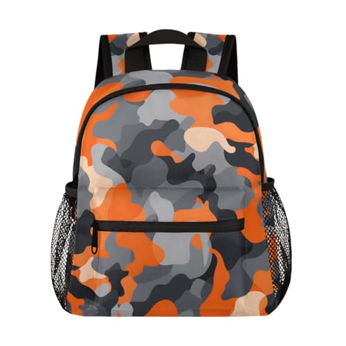 Toddler Backpack for Boys Girls, Orange Grey Black Camo Mini Kids Backpacks with Chest Strap Whistle, Preschool Kindergarten Daypack, Travel Bookbag for Children