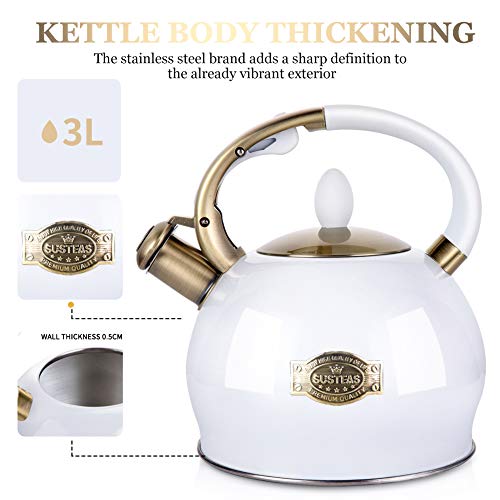 SUSTEAS Stove Top Whistling Tea Kettle-Surgical Stainless Steel Teakettle Teapot with Cool Toch Ergonomic Handle,1 Free Silicone Pinch Mitt Included, 2.64 Quart(Ivory white) - Thumbnail 2