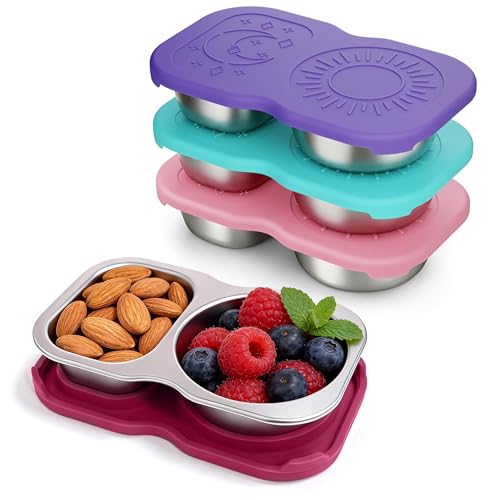 QCQHDU Snack Containers, 2-Compartment Small Stainless Steel Reusable Snack Boxes for Portion Control, Meal Prep Lunch Food Sauce Storage Lunchable Accessories Salad Dressing Containers to Go, 4 Pack