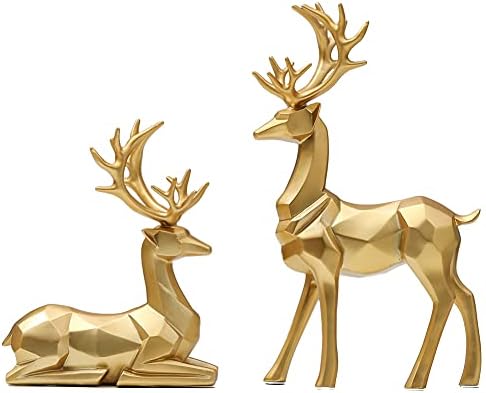 Nordic Resin Geometric Elk Sculpture Sitting Standing Deer Statues Christmas Reindeer Home Decor for Living Room TV Cabinet Wine Cabinet Gifts 2 PCS (Gold)