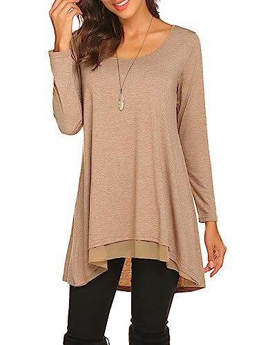 Womens Long Sleeve Layered Tunic Solid Color Casual Loose Blouse Tops (Xl, Brown) #TOP2