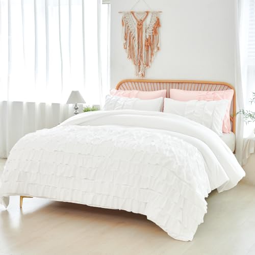 PERFEMET Full Size Comforter Set White, 3 Pieces Ruffle...