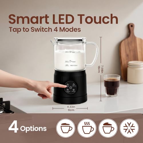 Image of Casimhu 4-in-1 Milk Frother, Electric Milk Frother and Steamer with LED Touch Screen, Ceramic Lining Bottom, Milk Warmer 13.52oz for Lattes, Cappuccinos, and Macchiatos at Home (Black)
