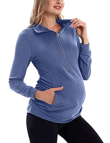 GINKANA Umstands-Damen-Langarmshirt, halber Reißverschluss, leicht, lässig, Umstandspullover mit Taschen, Lila Grau, Klein Cover
