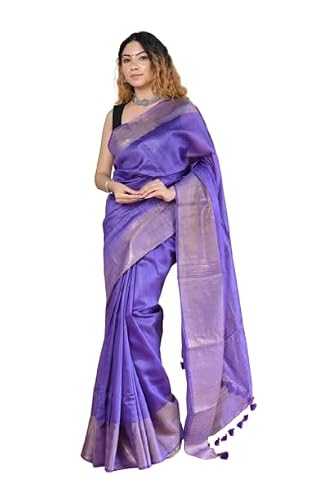 INDIA SILK PWCS LTD Bhagalpuri Handloom Pure Tussar Mooga Silk Saree Plane Gold Zari Border Free Size 6.4 Mete