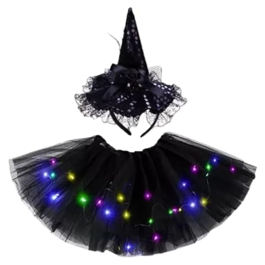 Fantasia de Bruxa Infantil Com LED, Saia Tutu Preta com Luzes e Tiara Halloween