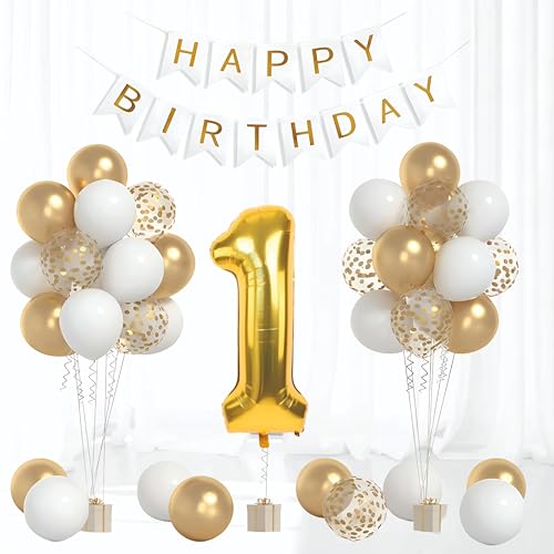 Image of Golden, White, Confetti balloons with happy birthday banner and 1 no foil balloon for 1st birthday decoration, kids party decoration, home decoration items