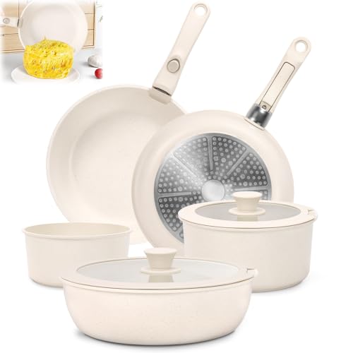 Panela Ceramica 5 Peças, Jogo de Panelas, Non Stick Pot e Pan Set, Conjunto de Panelas de Cerâmica Punho Destacáve, Jogo de Panelas Ceramica, Panelas de Ceramica, Conjunto de Panelas