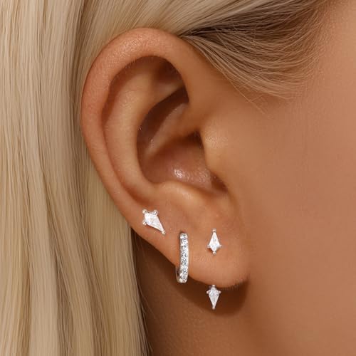 3-Pair Women's Kite Stud Earrings, 925 Sterling Silver, Clear CZ Huggies by Angelady - Used condition - Image 3