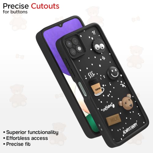 Image of Pikkme Back Cover for Samsung Galaxy A22 5G | 3D Bear Silicone Cute & Fun Coffee Cartoon | Full Body Protection Bumper Case (Black)