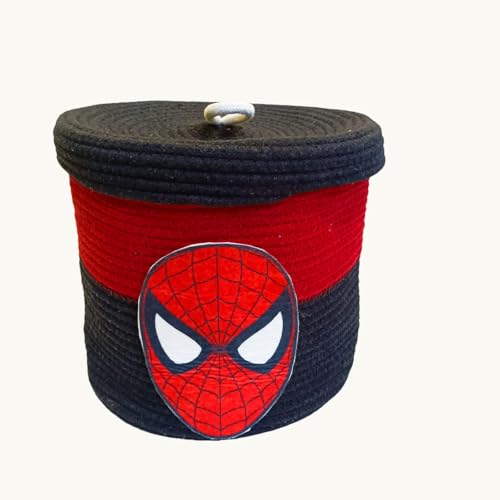 Image of Aroma Brand Kids Lid hamper with Beautiful Characters - Rope Storage Hamper for Baby Diaper, Stuffed Animal Storage Bin Rope Hamper for Kids Toy, Baby Laundry Baskets with Lid (Spiddermann)