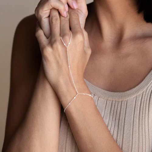 IEFWELL S925 Sterling Silver Hand Chain Bracelet for Women - Dainty Satellite Beads Cable Twisted Sequins Hand Chain Bracelet Finger Ring, Sterling Silver Jewelry Gifts for Her3