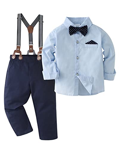 DISAUR Toddler Boy Dress Clothes Blue Dark Blue Long Sleeve Dress Shirt Bow Tie Suspender Pants Toddler Outfits For Boys 18 Months 2t 24 Months