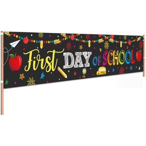 FHGG Happy First Day of School Decorations Banner Welcome Back to School Backdrop Pencil Apple Background Party for Classroom Teacher Office Home Decor Photo Backdrop 1.68.2ft