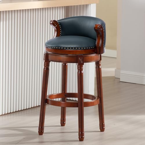 Image of Cow top Leather Wooden Bar Stools, 29.5 inch Bar Height Bar Chair with Back, 180 Degrees Swivel Barstools Chair for Home Kitchen Counter,Dining Room (Dark Blue 1pc, Bar Height-Seat Height 29.5 inch)
