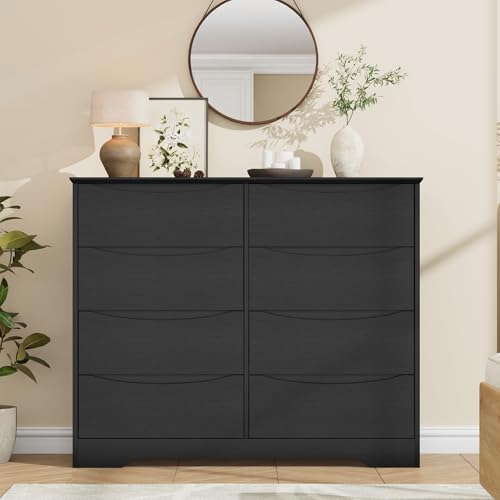 GarveeHome Wooden Dresser with 8 Drawers, Tall Modern Closet with Deep Storage, Large Chest of Drawers with Wide Top, Long Storage Dresser for Bedroom, Living Room, Hallway, Kids Room, Black