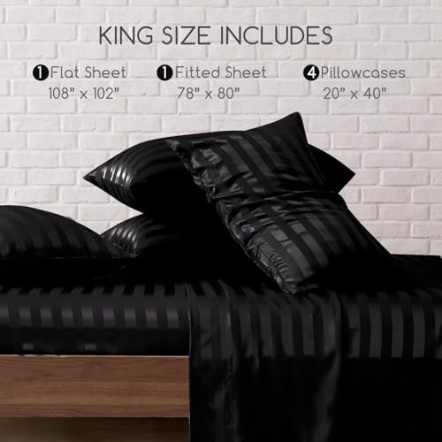 Image of MR&HM Satin Bed Sheets, King Size Sheets Set, 6 Pcs Silky Bedding Set with 15 Inches Deep Pocket for Mattress (King, Black Striped)