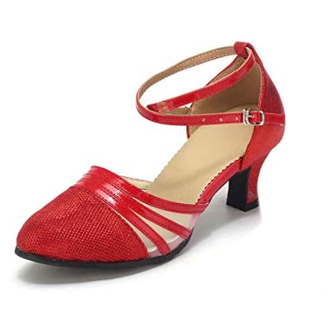 Huicai Ladies Square Dancing Shoes Ankle Strap Cutout Shoes Glitter Latin Dance Shoes Red Cover