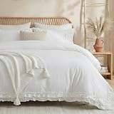 Merryword 100% Cotton Ruffled Comforter Set Queen, White Shabby Chic Farmhouse Bedding Set French Country Cute Comforter Set