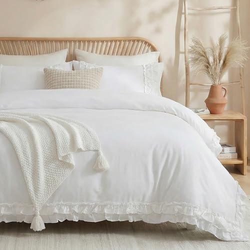 Merryword 100% Cotton Ruffled Comforter Set Queen, White Shabby Chic