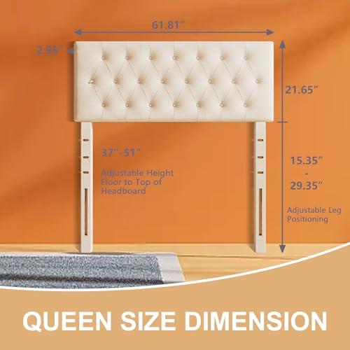 Rosevera Givanna Adjustable Heigh Headboard with Linen Upholstery and Button Tufting for Bedroom, Queen, Textile Beige