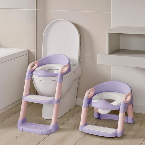 3-in-1 Potty Training Seat with Steps & Handle - Toilet Trainer - Adjustable, Foldable, Non-Slip, Easy to Clean-Fits Most Toilets (Lavender Mist)