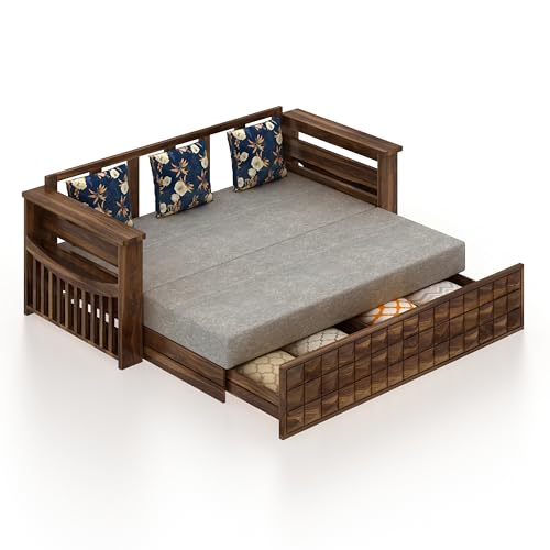 Image of Ganpati Arts Solid Sheesham Wood Diamond 3 Seater Sofa Cum Bed with Storage and Side Pockets for Living Room Hall Bedroom (Teak Finish)