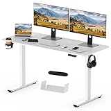 SANODESK Höhenverstellbarer Schreibtisch 140 x 60 cm inkl. 4 Zubehörteilen: Becherhalter, Haken, Aufbewahrungsbox und Kabelmanagement, mit Memory-Funktion, für Büro und Entertainment, Weiß