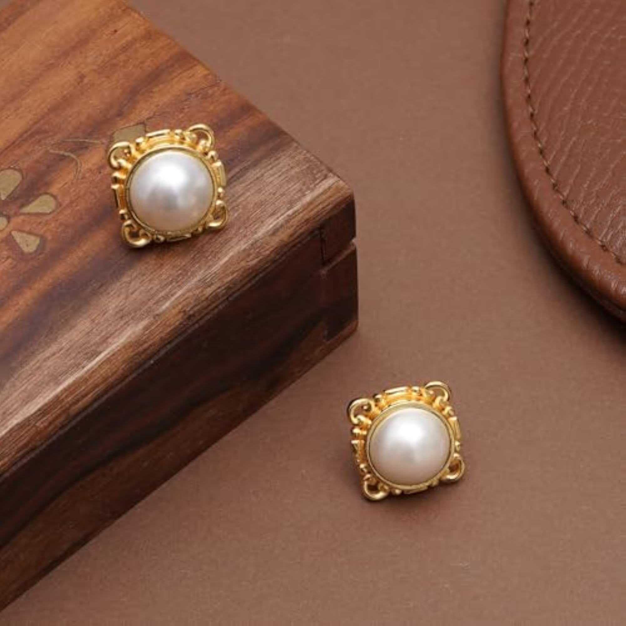 Beabhika Royal Pearl Frame Stud Earrings with Gold Tone Finish