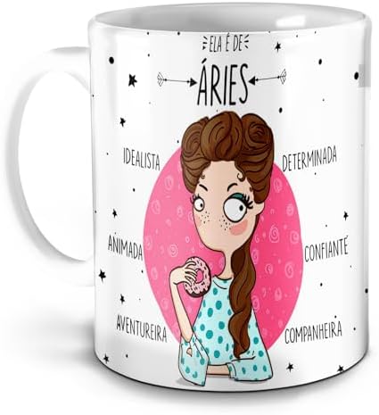 Caneca Signo de Áries, Porcelana Branca, 325ml, Decorada com Cara...