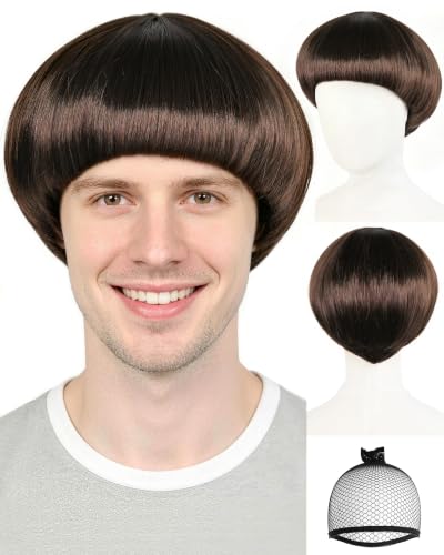 TIKJOYS Brown Bowl Cut Wig Funny Wigs Short Brown Mushroom Wigs with Bangs