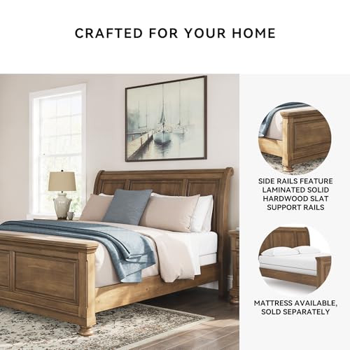 Image of Signature Design by Ashley Traditional Wood King Sleigh Bed Frame | Poplar solids, Pine veneer and engineered wood, Laminated support rails, King size sleigh bed, Glarrison Series