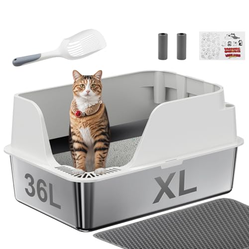 Non-Stick Stainless Steel Litter Box, XL Side Opening Splash-Proof & Leak-Proof Seamless Seal, Ellenpent Large Capacity, Cat Litter Box with Lid for Multi-Cats, Easy-Clean & Durable (White)