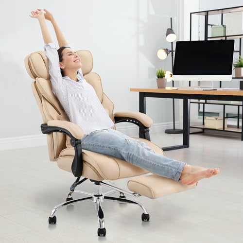 COLAMY Office Chair with Footrest, Ergonomic High Back Design Executive Computer Desk Chair with Removable Lumbar Pillow, 90-135°Reclining, Thick Bonded Leather for Home Office Work Comfort, Khaki