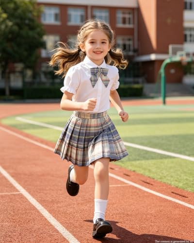 Image of Betusline Girls Skirt Set JK School Uniform 2-Piece Outfit - Short Sleeve Shirt with Bow & Pleated Skirt 4T-14Y