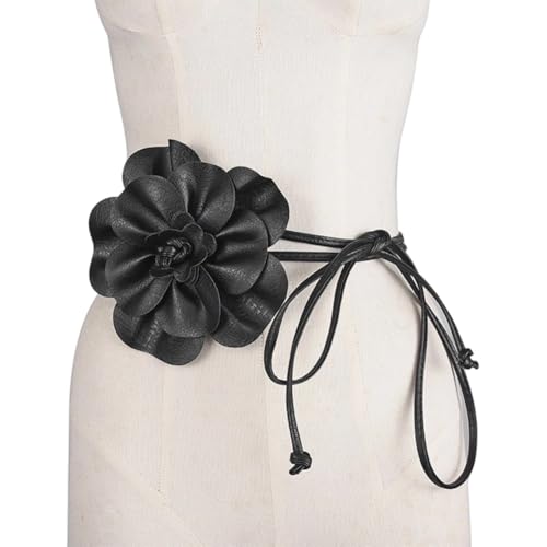 CALFOVERA Cinturón Fino de Piel Sintética de 6mm con Borlas Y Flores, Estilo Bohemio, Color Negro, con Decoración de Flores Grandes, para Mujer, Vestido, Camisa, Boda