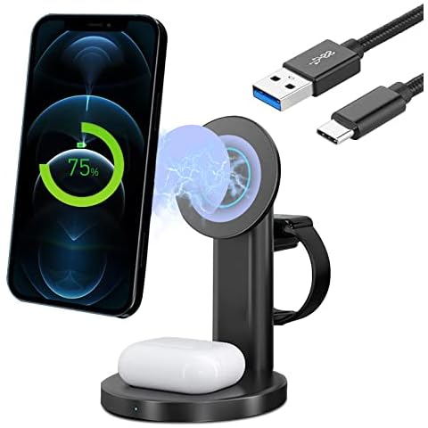 【New Upgraded】3 in 1 Magnetic Wireless Charger Fast Charging Station Dock Compatible with iPhone 13 series/12/12Pro/12Pro Max/12Mini, iWatch 6/SE/5/4/3/2, AirPods 2/Pro(Black) Cover
