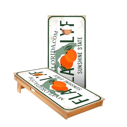 Skip's Garage Florida License Plate Cornhole Boards - Includes (2) Boards (Resin Bags) + (1) Case & (2) Edge Lights