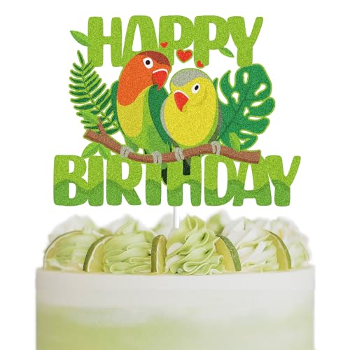 Parrot Happy Birthday Cake Topper Red Green Glitter Tropical Bird Birthday Cake Decor Parrot Birds Themed Party Supplies