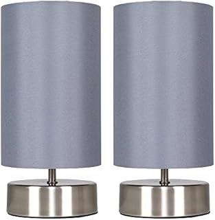 Pair of - Modern Brushed Chrome Touch Dimmer Bedside Table Lamps with Grey Cylinder Light Shades