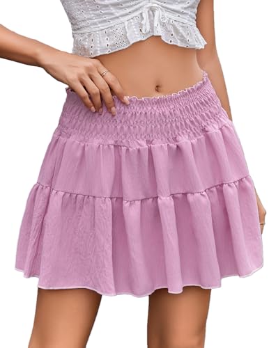 Avidlove Pink Mini Skirt for Women Flowy Skirt High Waist Short Skirts A Line Ruffle Skirt Beachy（ Pink, M