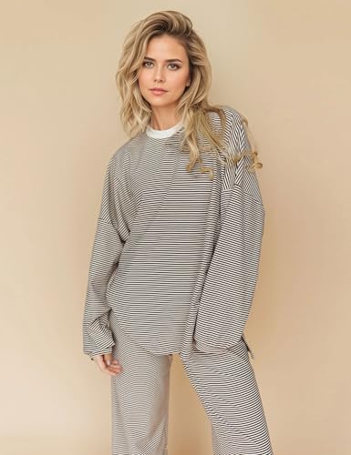 Image of MISSACTIVER Women's 2 Piece Striped Lounge Set Long Sleeve Oversized T-Shirt Wide Leg Pants Matching Pajamas Set