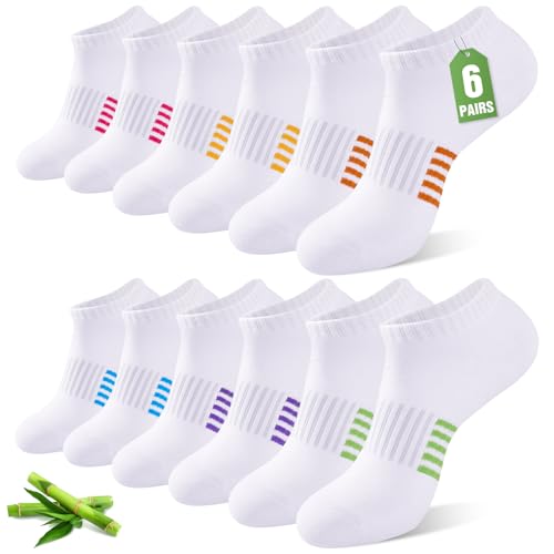 Ankle Socks for Women, 6/12 Pairs Bamboo Viscose Breathable Cushioned Moisture Wicking Athletic Running Casual Low Cut Socks, 6 Multicolored White 5-8