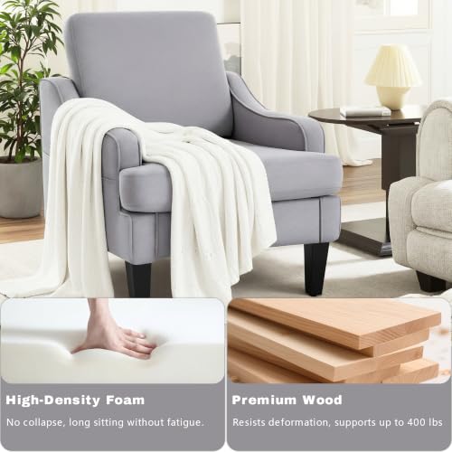 Image of Mid-Century Accent Chair, Comfy Arm Chair Upholstered Living Room Chair for Bedroom, Fabric Reading Chair with Wood Legs for Apartment, Waiting Room, Vanity Room (Gray)
